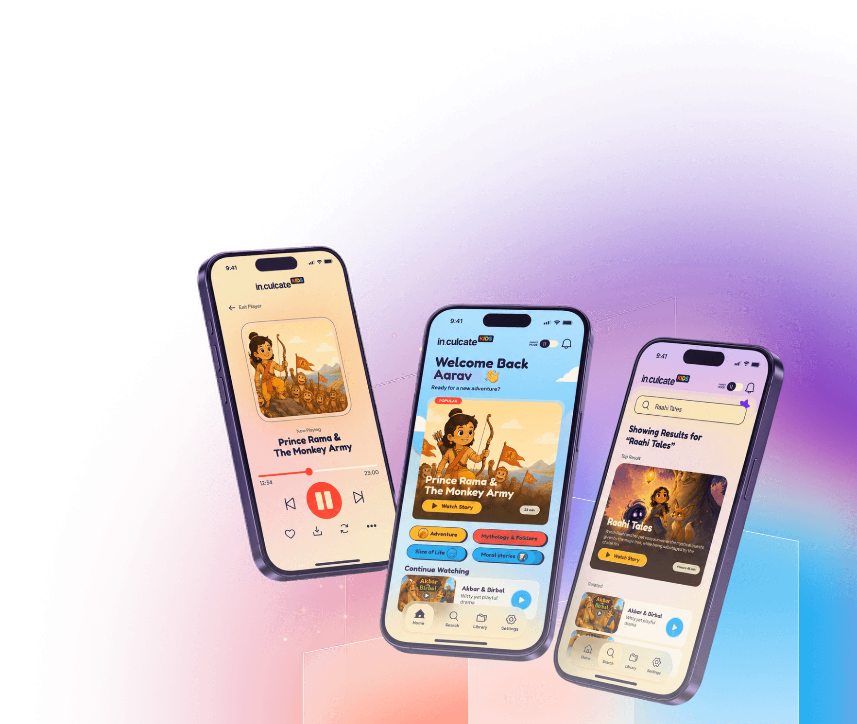in.culcate Kids app screens on three phones