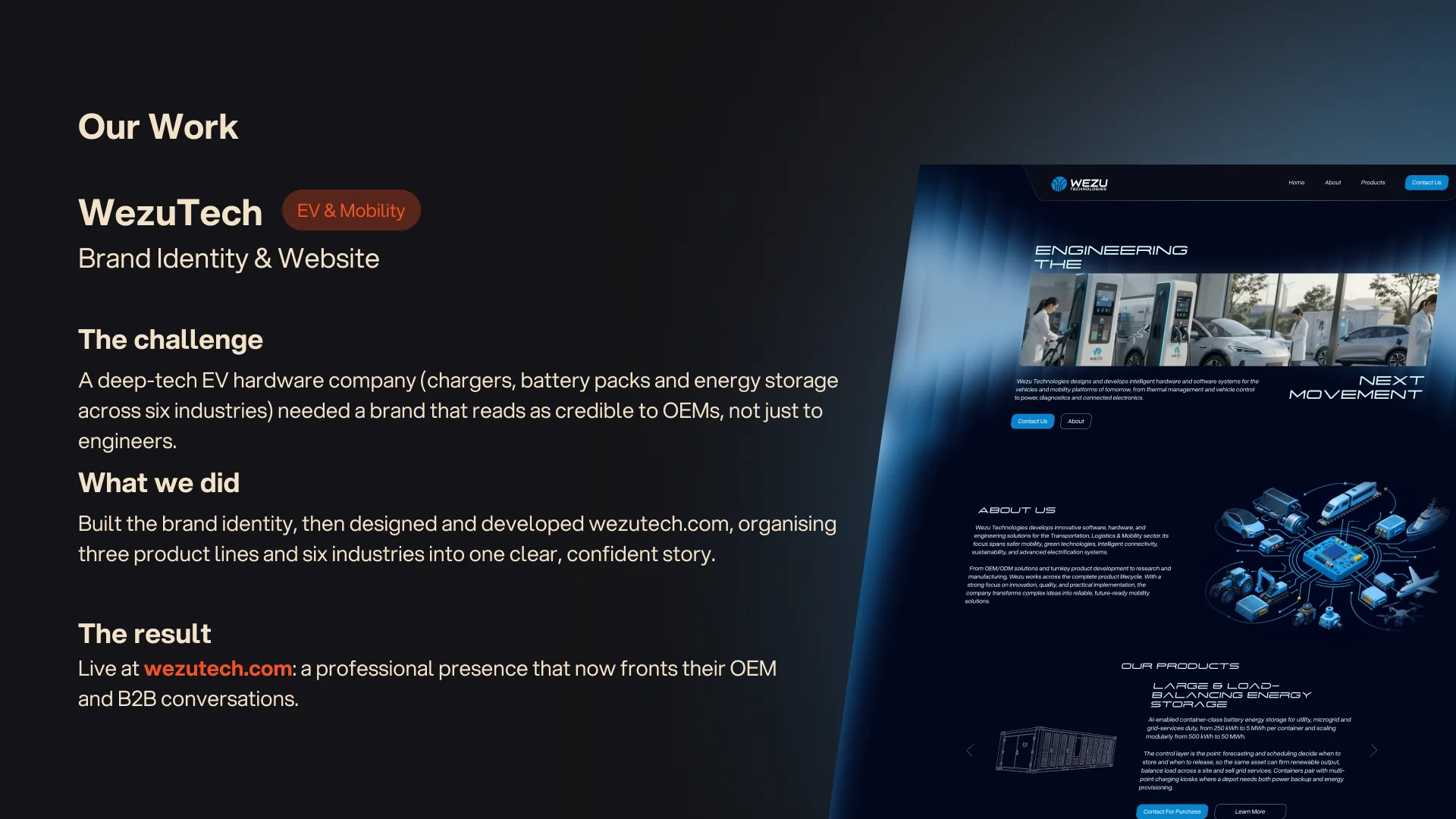 Case study, WezuTech — brand identity and website for a deep-tech EV hardware company. Live at wezutech.com.