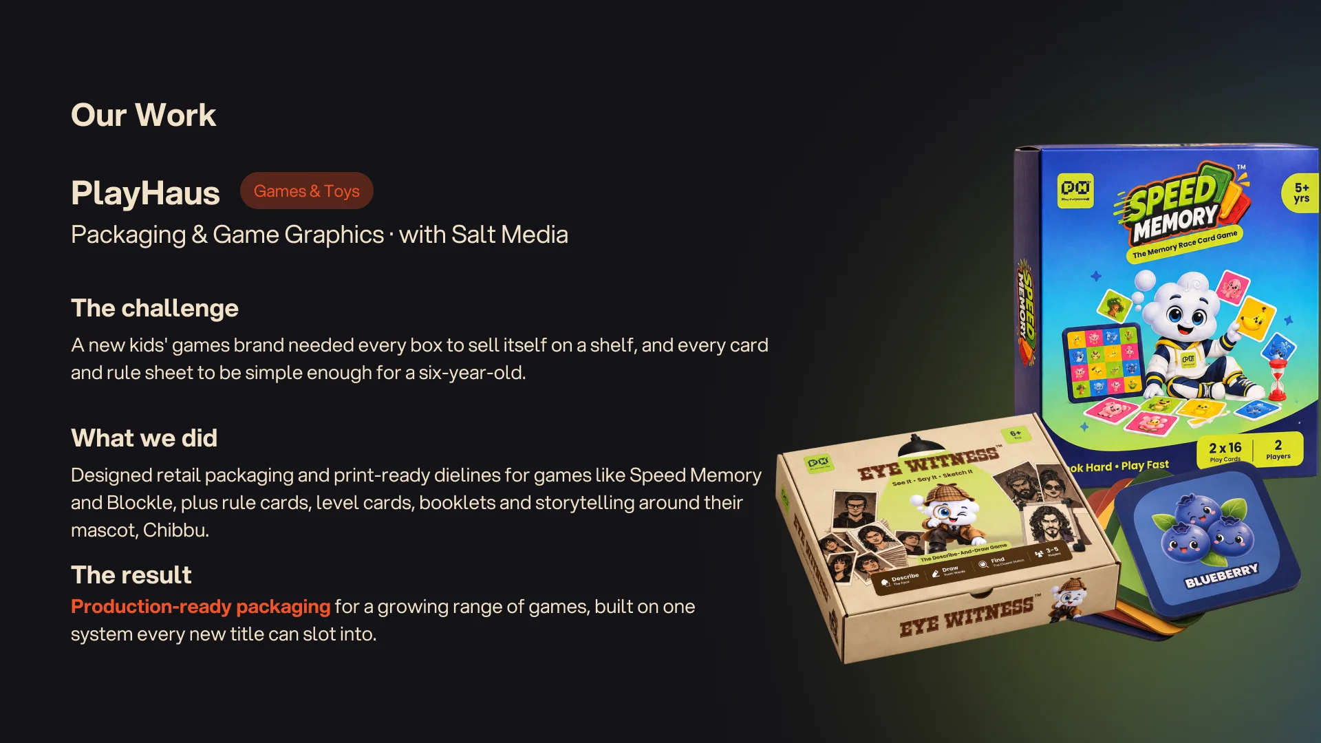 Case study, PlayHaus — retail packaging and game graphics for a kids' games brand, with Salt Media.