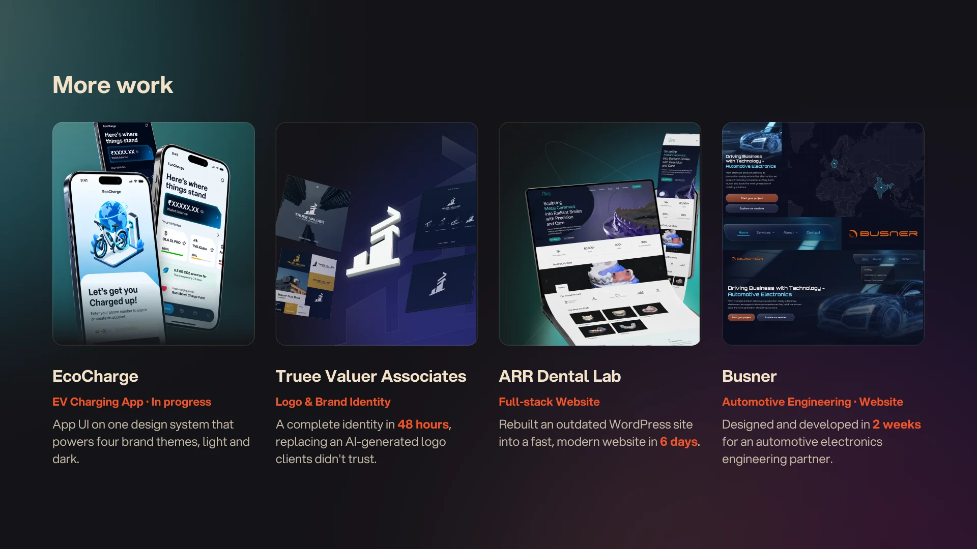 More work: EcoCharge EV charging app, Truee Valuer Associates identity in 48 hours, ARR Dental Lab website rebuilt in 6 days, and Busner's website designed and developed in 2 weeks.